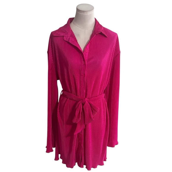 Pink V Neck Button Down Pleated Long Sleeve Mini Shirt Dress Belt Size L Party - Picture 3 of 6